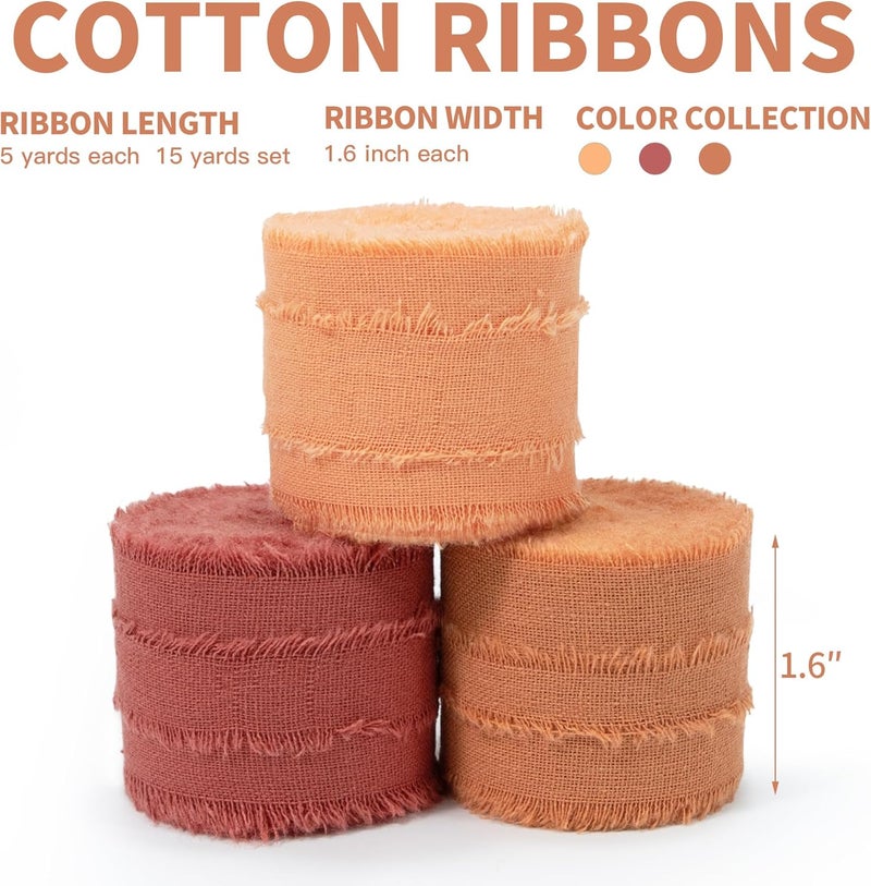 Keypan Orange Fall Ribbon 1-1/2 x 15 Yards Handmade Cotton Frayed Fringe Fabric Ribbons for Crafts Flower Bouquets Gift Wrapping Home DIY Decor - Image 2
